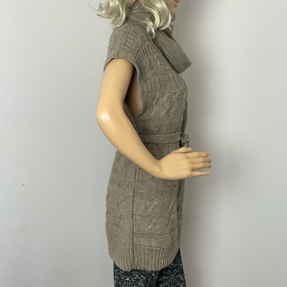 Berretti Sweater Tunic Cowl Neck Sleeveless Tie Waist Tan M - Picture 5 of 12